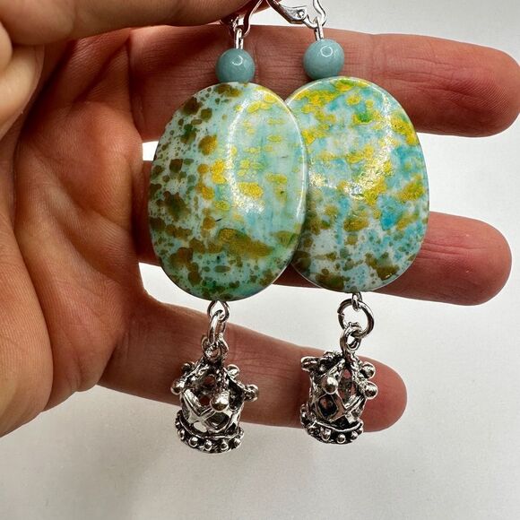 SALE! 3” dangle earrings with painted acrylic beads, stone, and crown charms! - Picture 5 of 13
